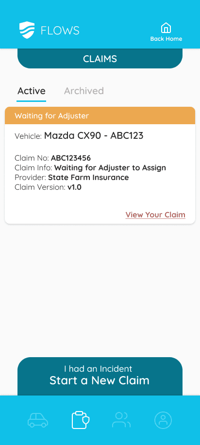 FLOWS app active claims list screen