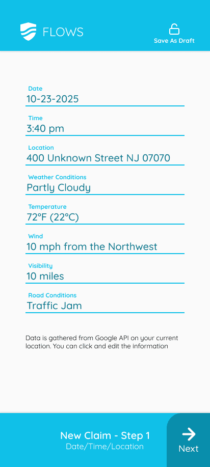 FLOWS app new claim date, time and location screen