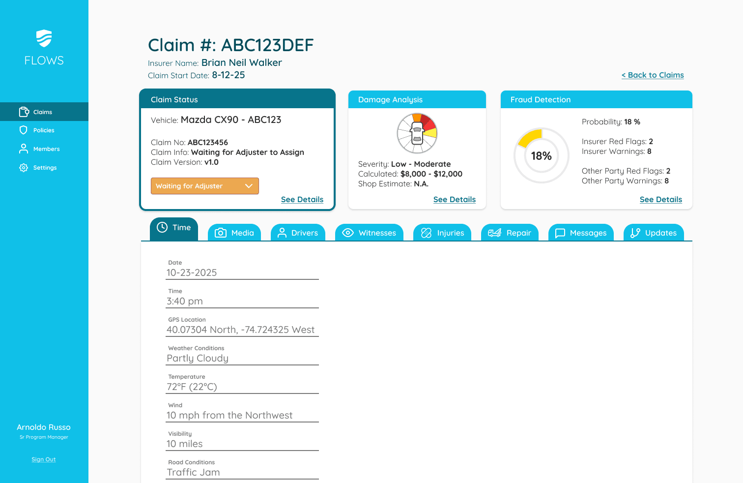 FLOWS adjuster portal claim detail with damage and fraud analysis